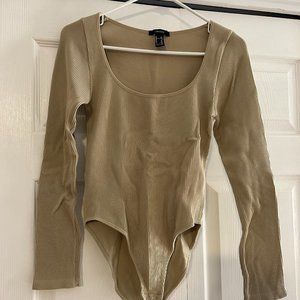 Forever 21 Long-sleeve Ribbed Tan Bodysuit, Size Medium